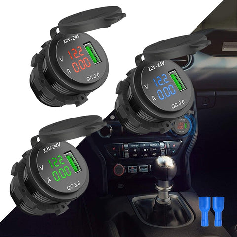 Car Charger QC 3.0 USB 5V/3A Charging Socket Adapter Voltmeter Ammeter