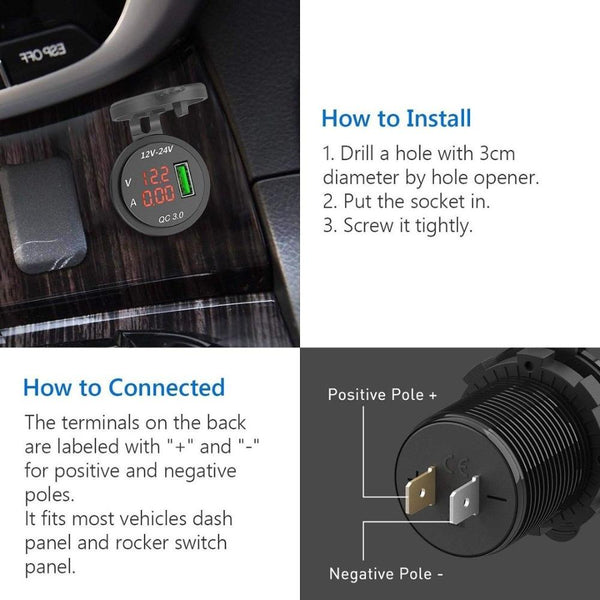 Car Charger QC 3.0 USB 5V/3A Charging Socket Adapter Voltmeter Ammeter
