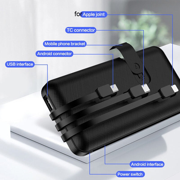 Portable Power Bank Fast Charger Built in 3 Cables External Battery Charger