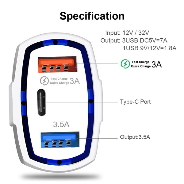 QC 3.0 USB C Car Charger 3-Ports Quick Charge 3.0 Fast Charger