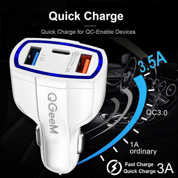 QC 3.0 USB C Car Charger 3-Ports Quick Charge 3.0 Fast Charger