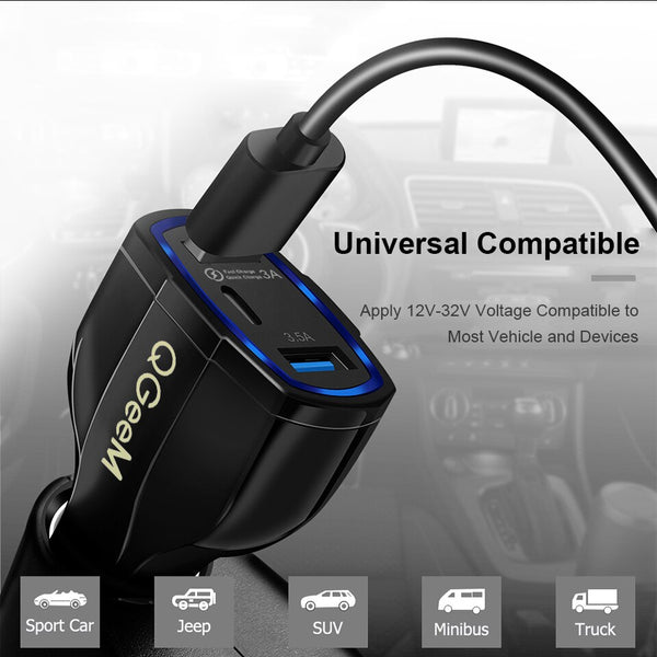 QC 3.0 USB C Car Charger 3-Ports Quick Charge 3.0 Fast Charger