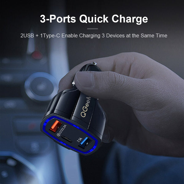QC 3.0 USB C Car Charger 3-Ports Quick Charge 3.0 Fast Charger